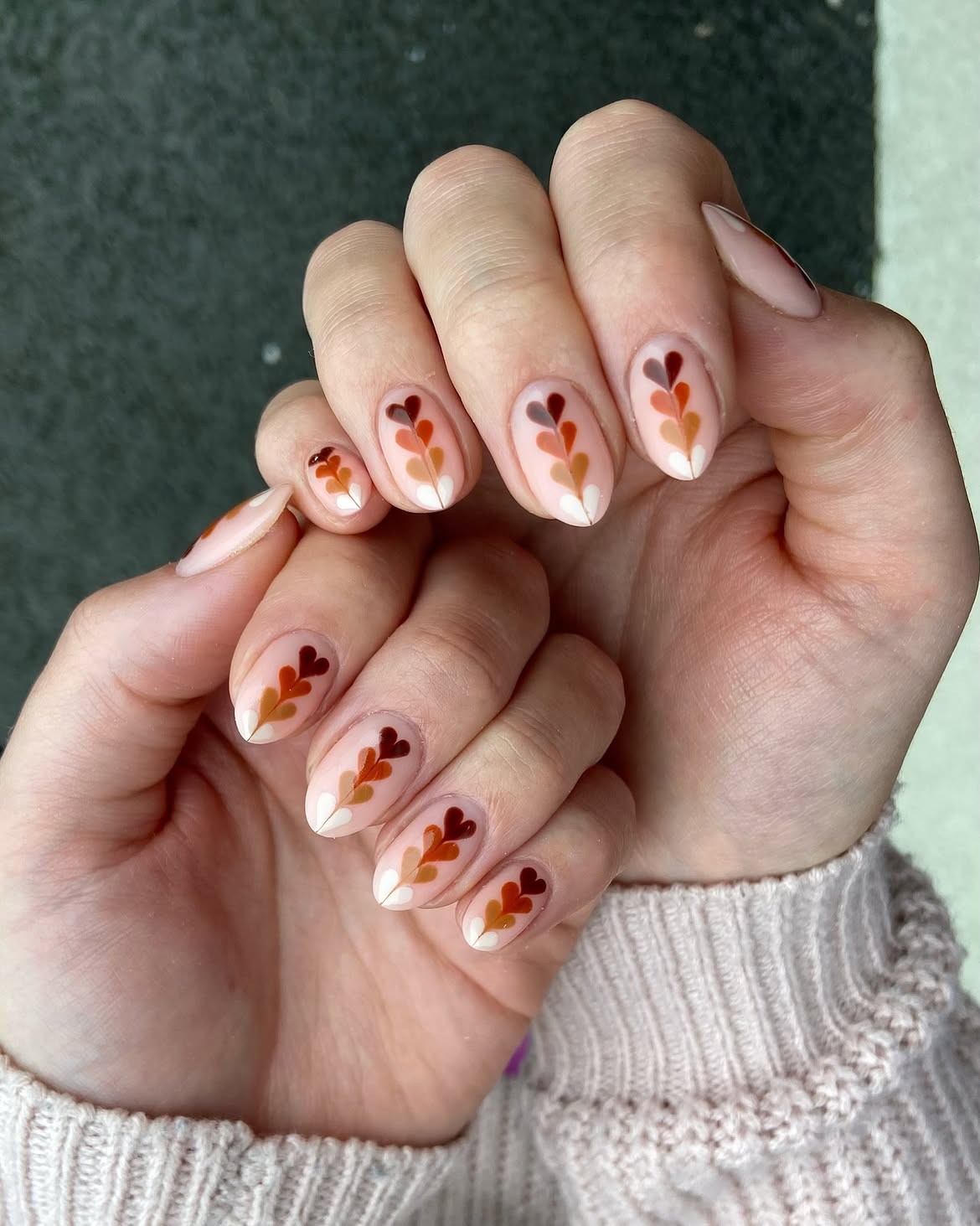 Neutral Autumn Heart Gradient Almond Nails