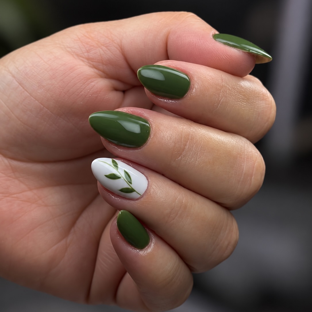 Olive Green Glossy Nails with White Leaf Art
