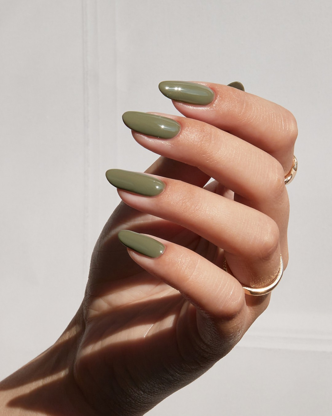 Olive Green High Gloss Almond Nails