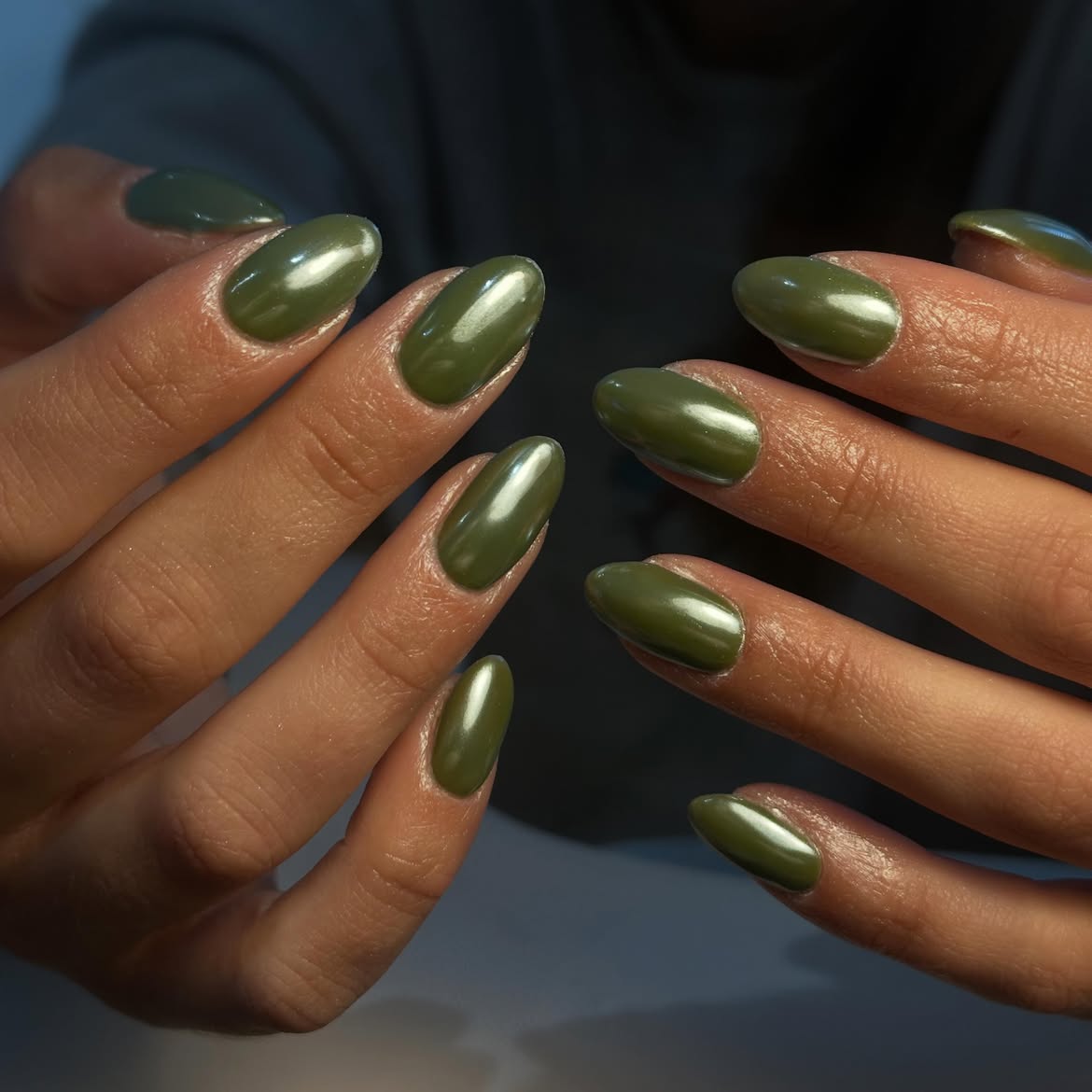 Olive Green Metallic High Gloss Almond Nails