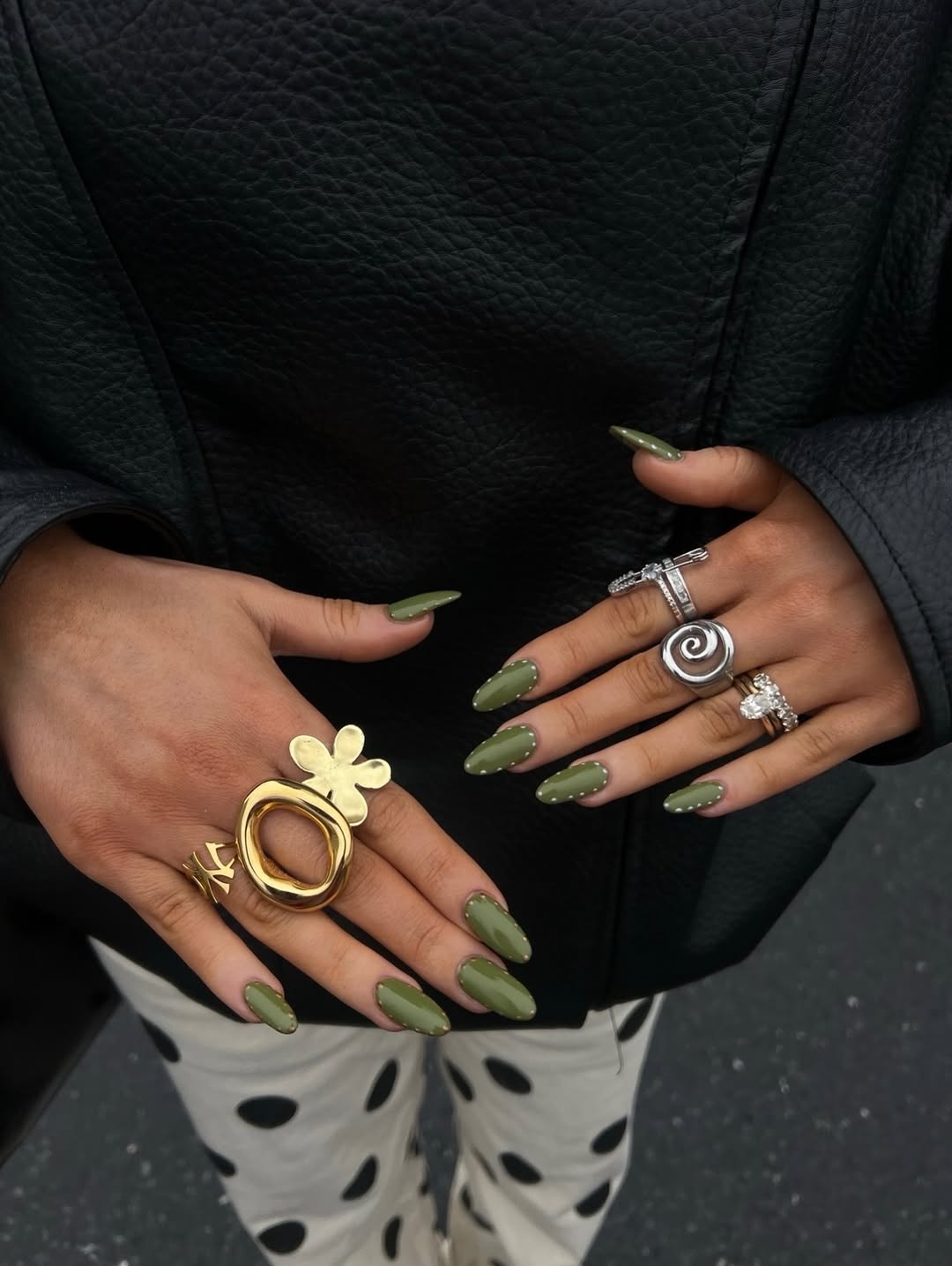 Olive Green Stiletto Nails with Pearl Accents