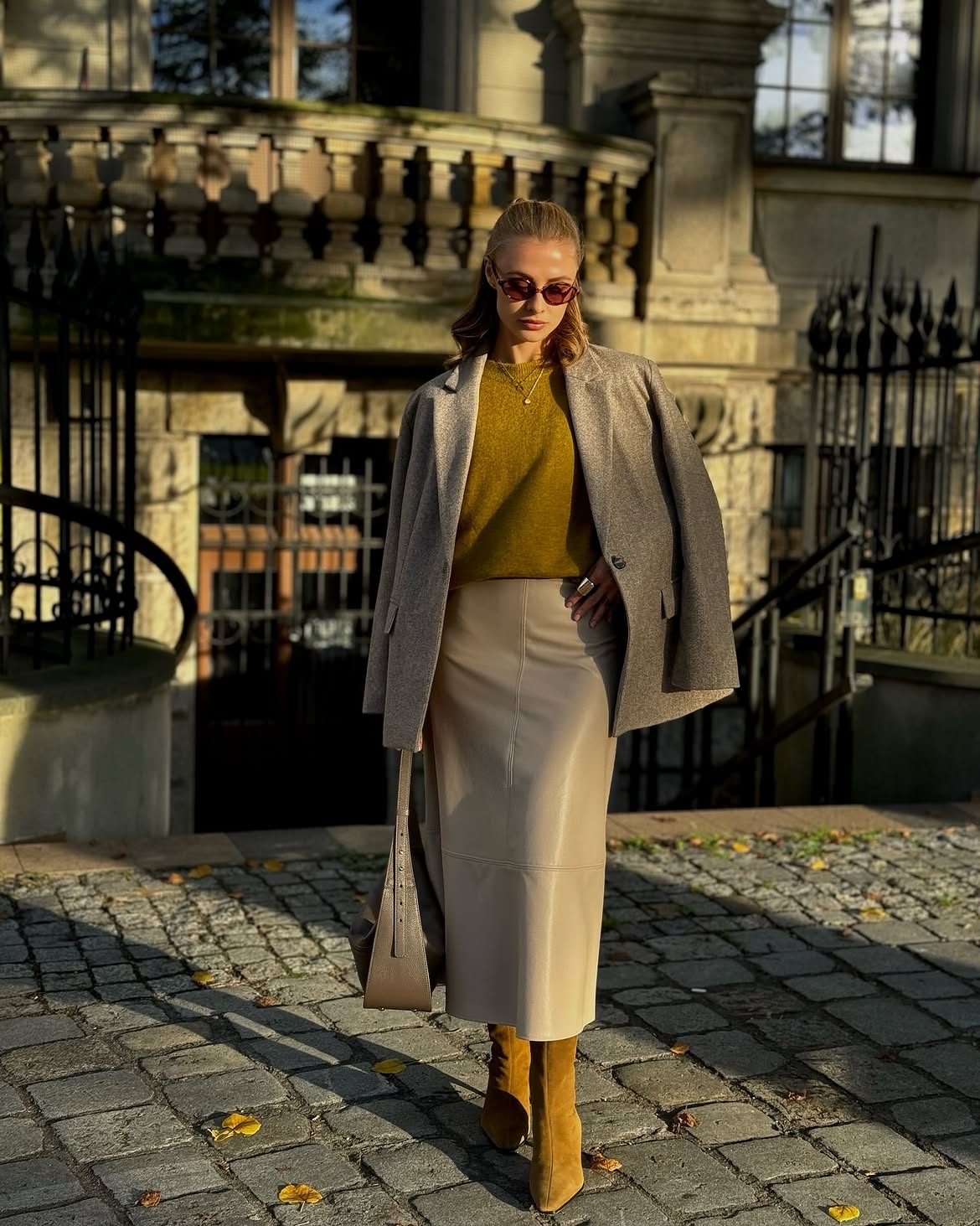 Olive Knit Midi Skirt and Blazer Fall Look
