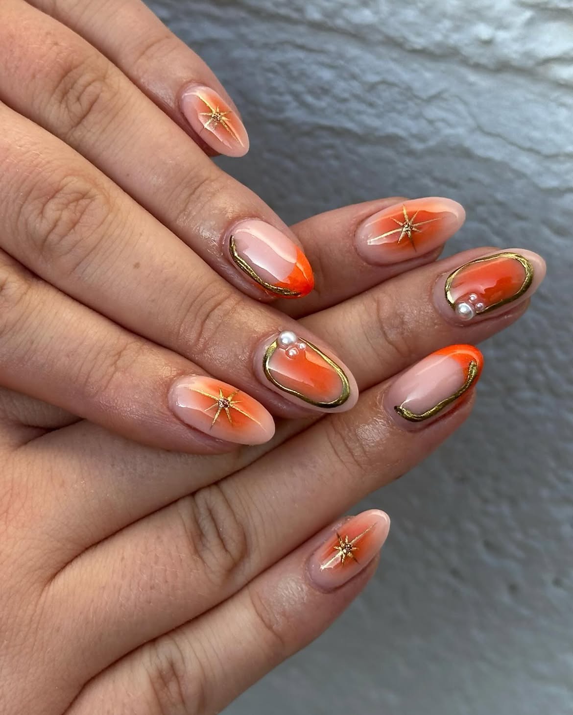 Orange Aura French Tips With Gold Accents