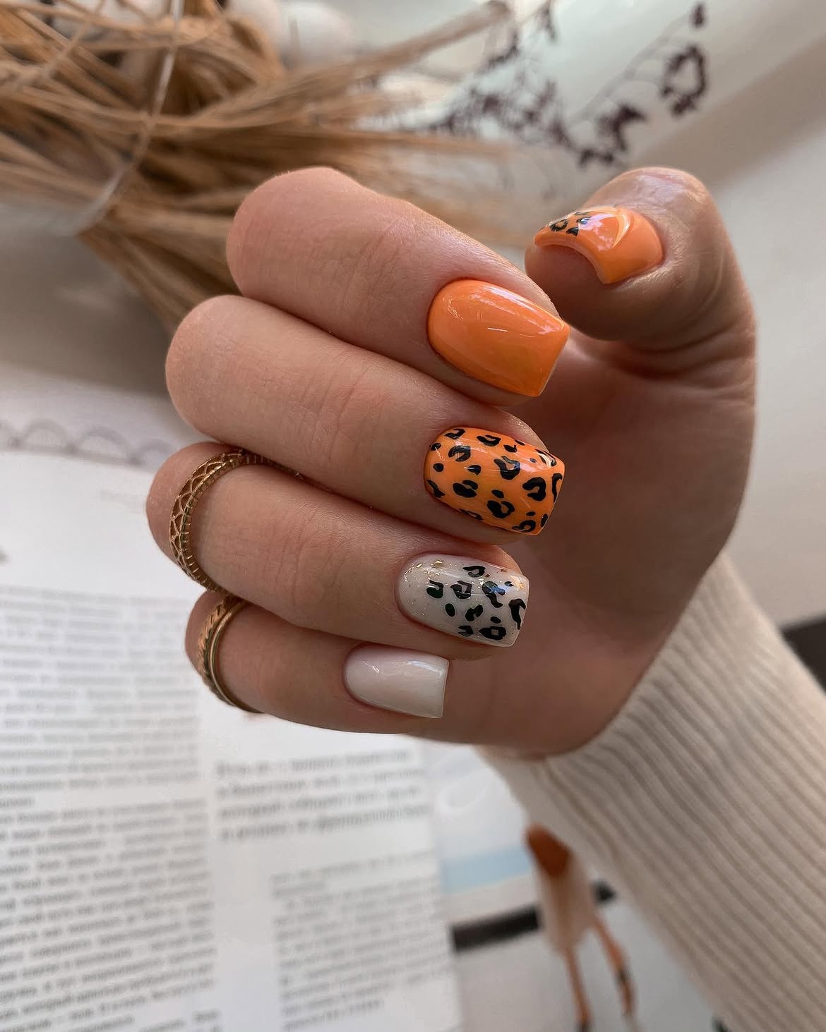 Orange Leopard Print Square Nails
