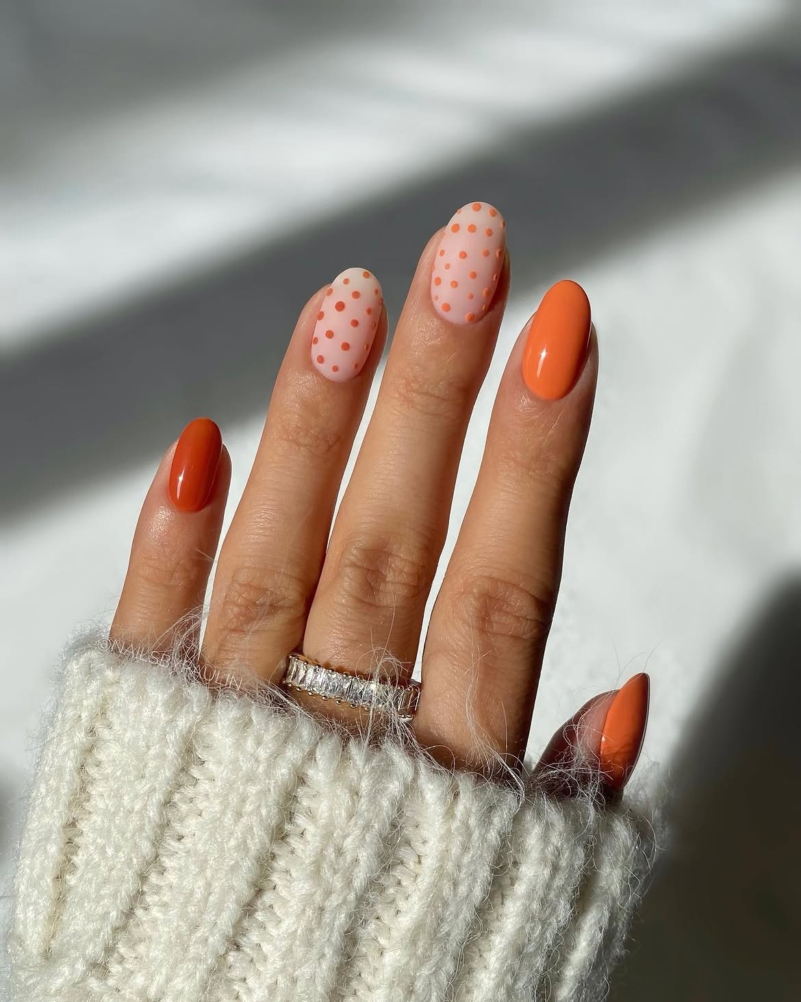 Orange Polka Dot Accent Oval Nails