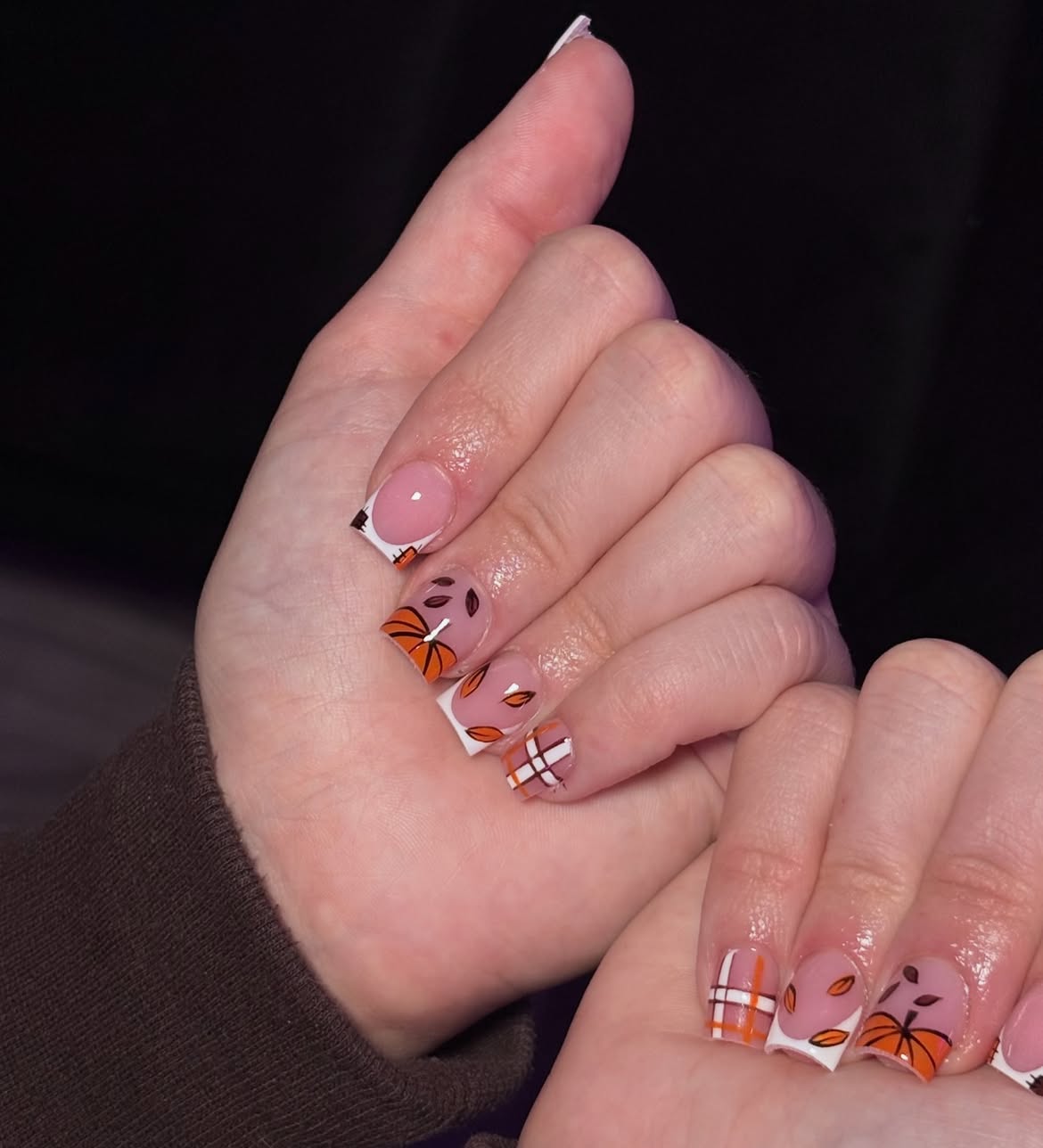 Orange Pumpkin Plaid Short Fall French Tips