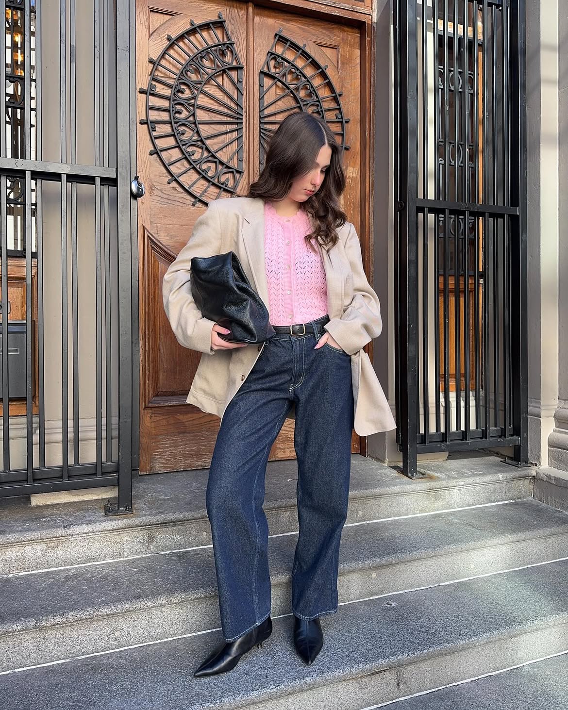 Oversized Beige Blazer With Pink Knit And Dark Wash Jeans