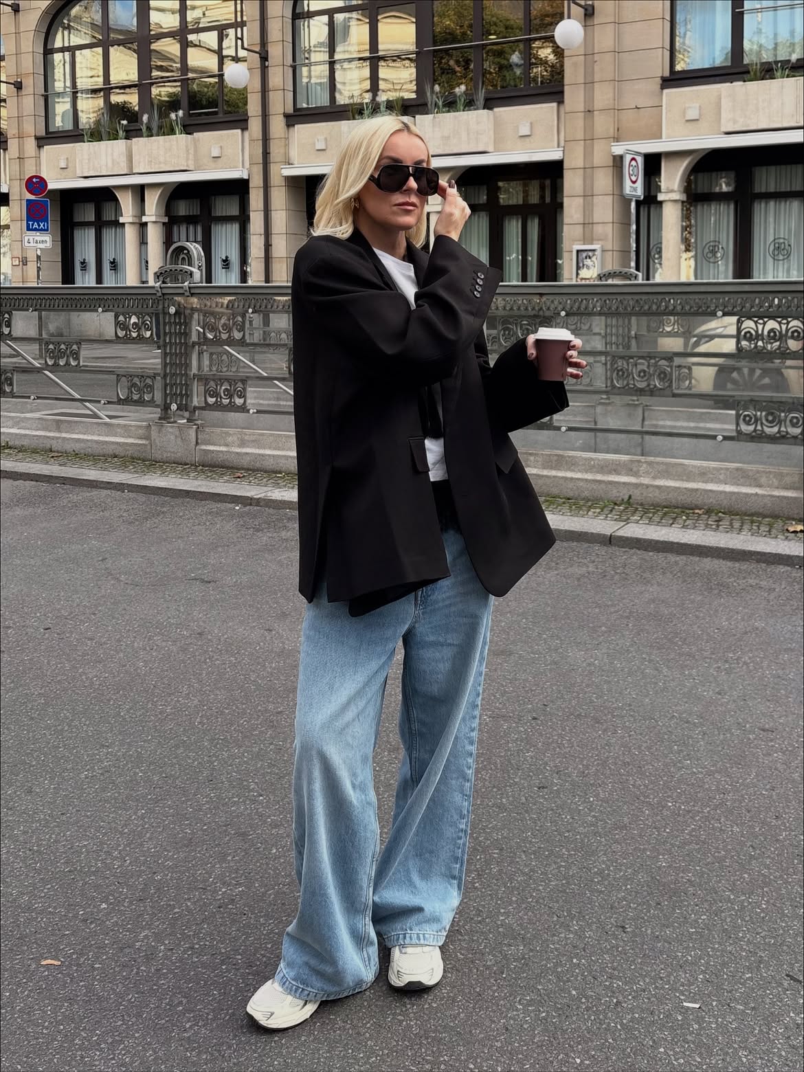 Oversized Black Blazer With Light Wash Wide Leg Jeans