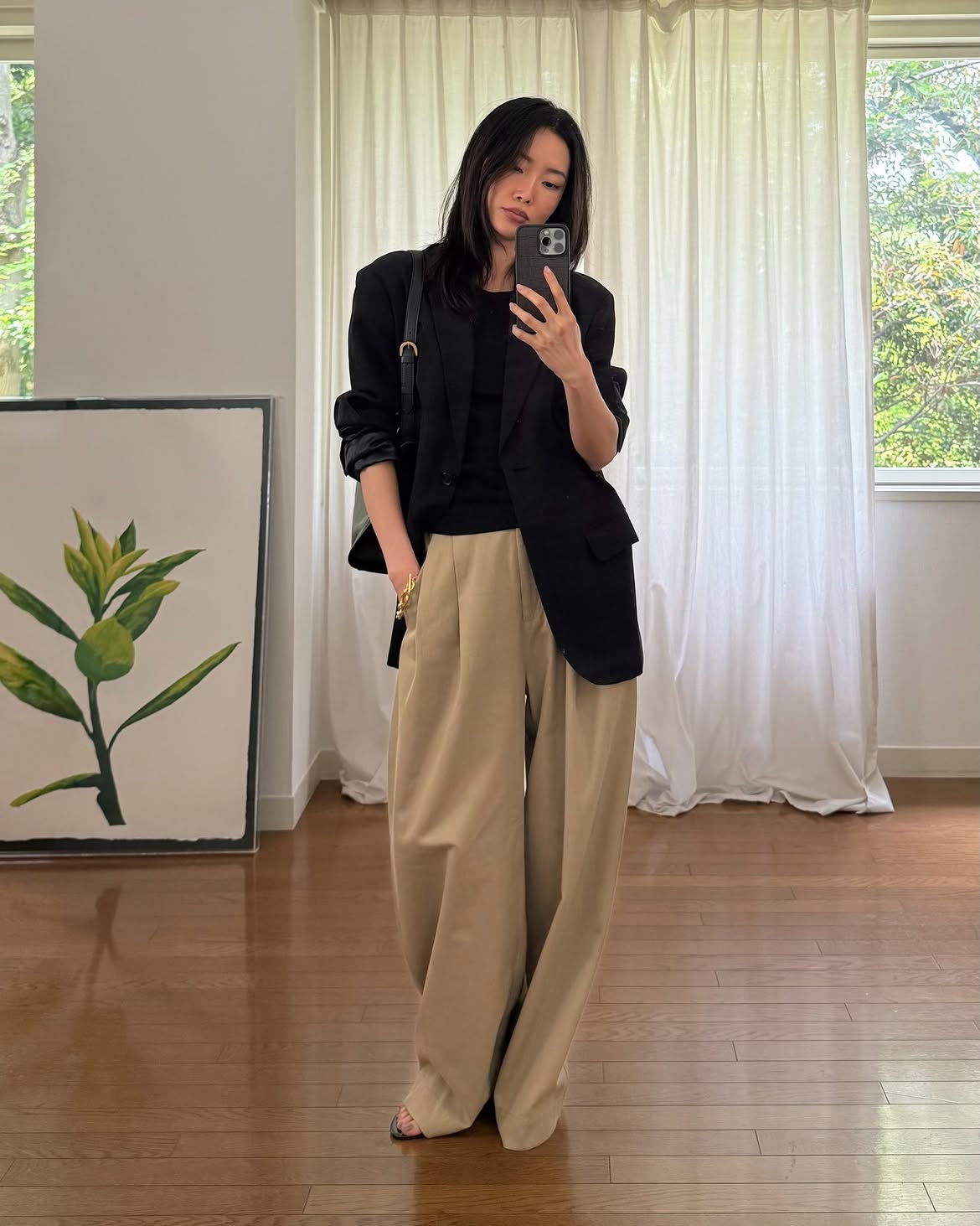 Oversized Black Blazer With Wide Leg Khaki Trousers