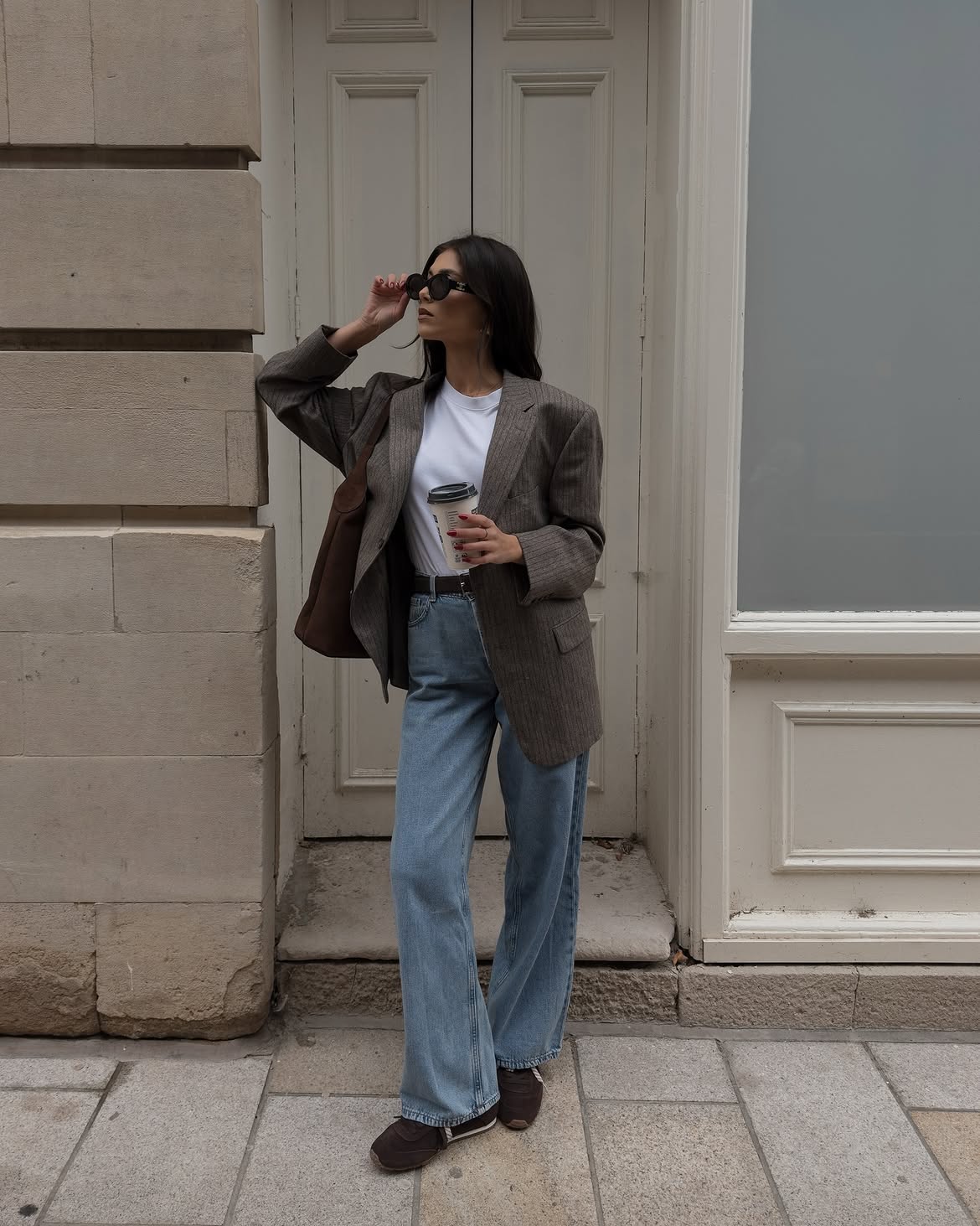 Oversized Blazer with Light Wash Jeans and Sneakers