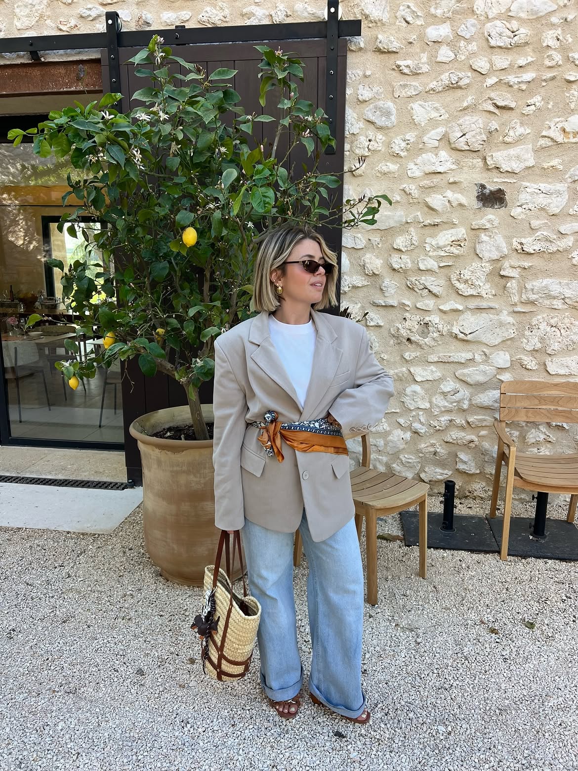 Oversized Blazer With Wide Leg Jeans And Scarf Belt