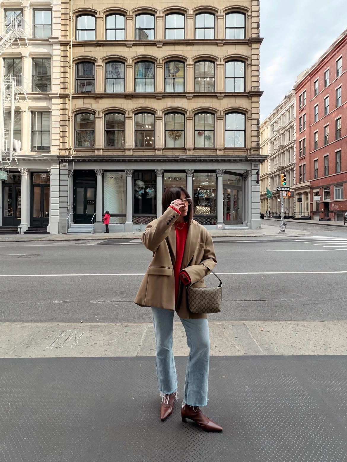 Oversized Camel Blazer With Red Knit And Denim