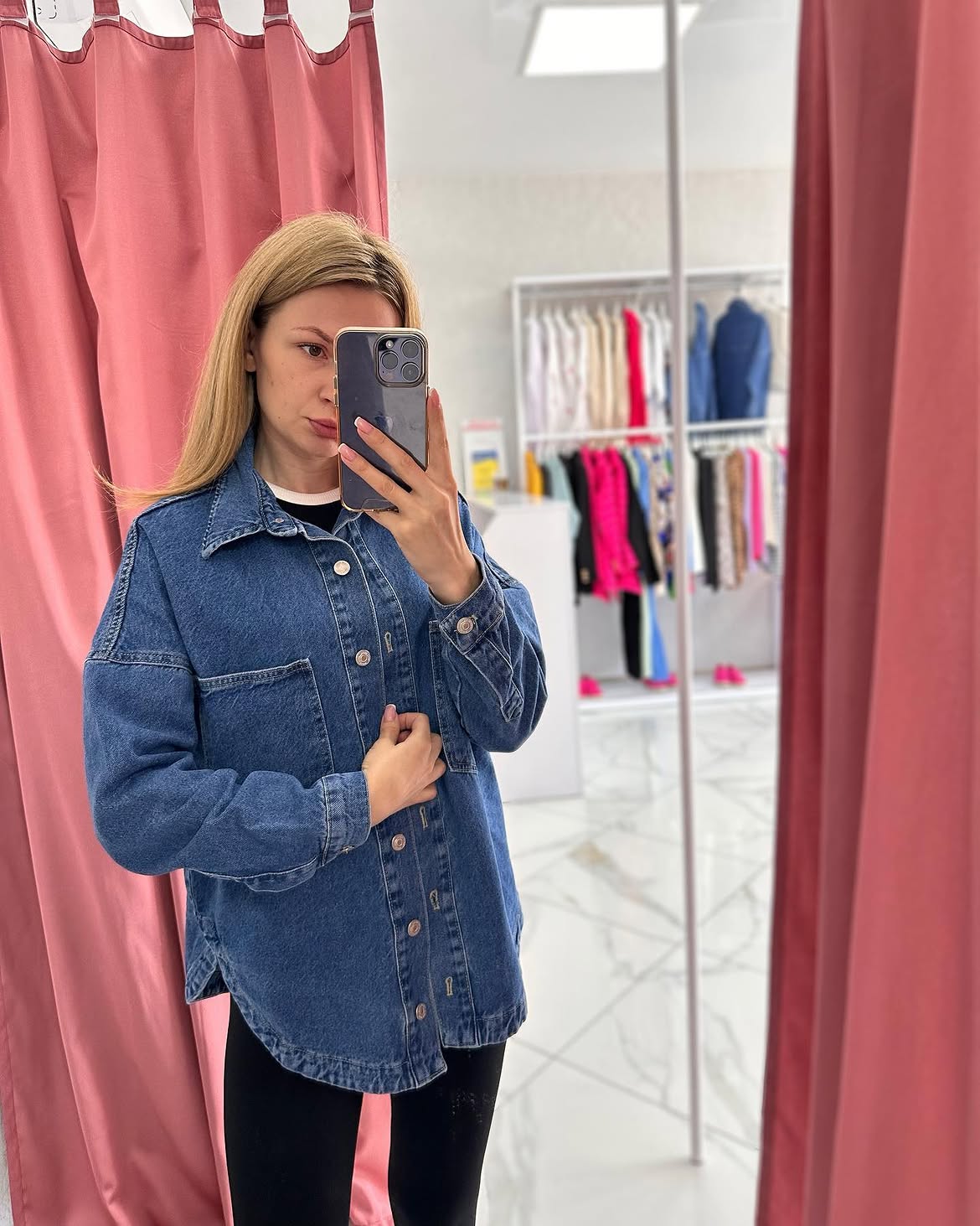 Oversized Denim Shacket With Black Leggings Look