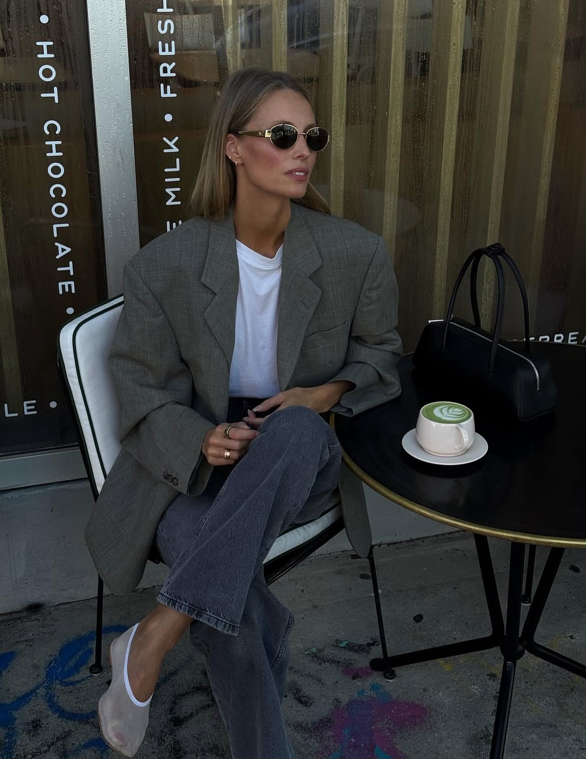Oversized Grey Blazer With Relaxed Fit Denim And Ballet Flats