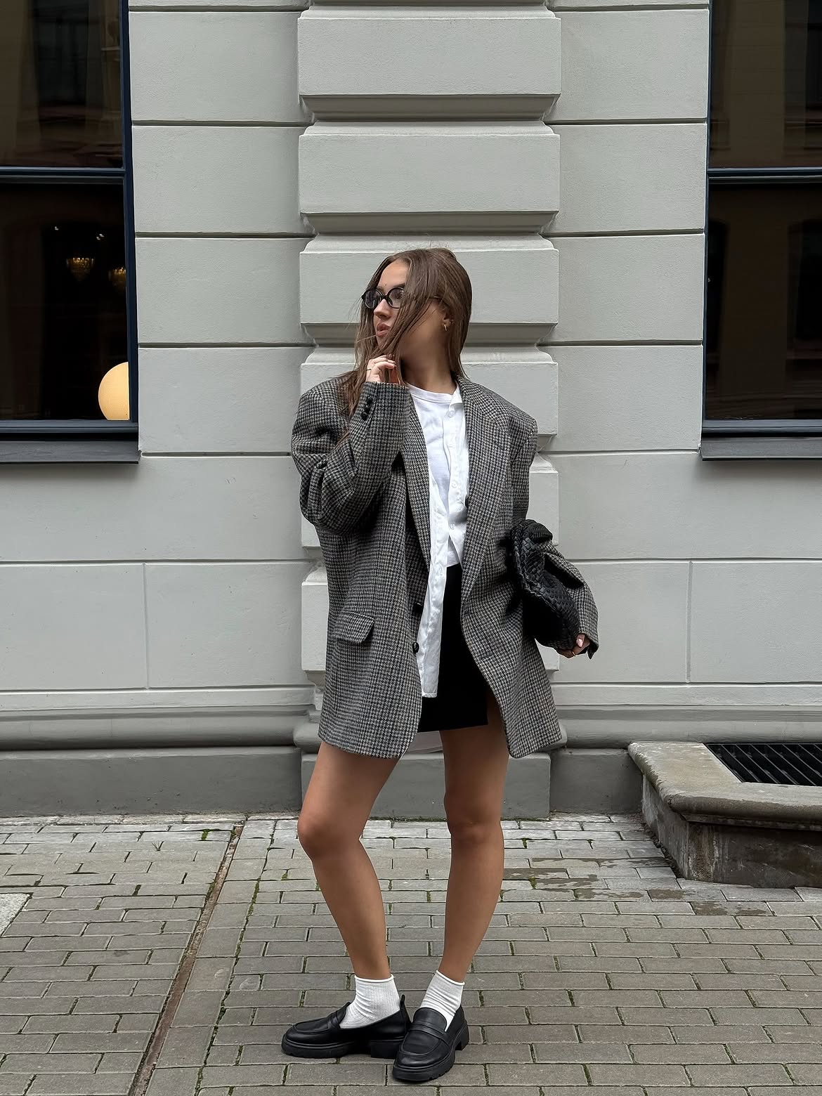 Oversized Houndstooth Blazer With Black Mini Skirt