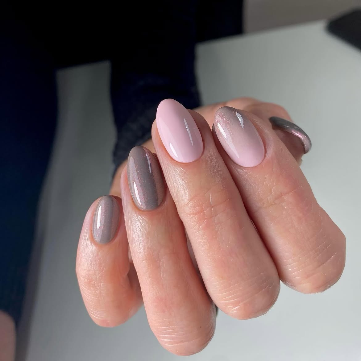 Pale Pink and Taupe Ombre Almond Nails