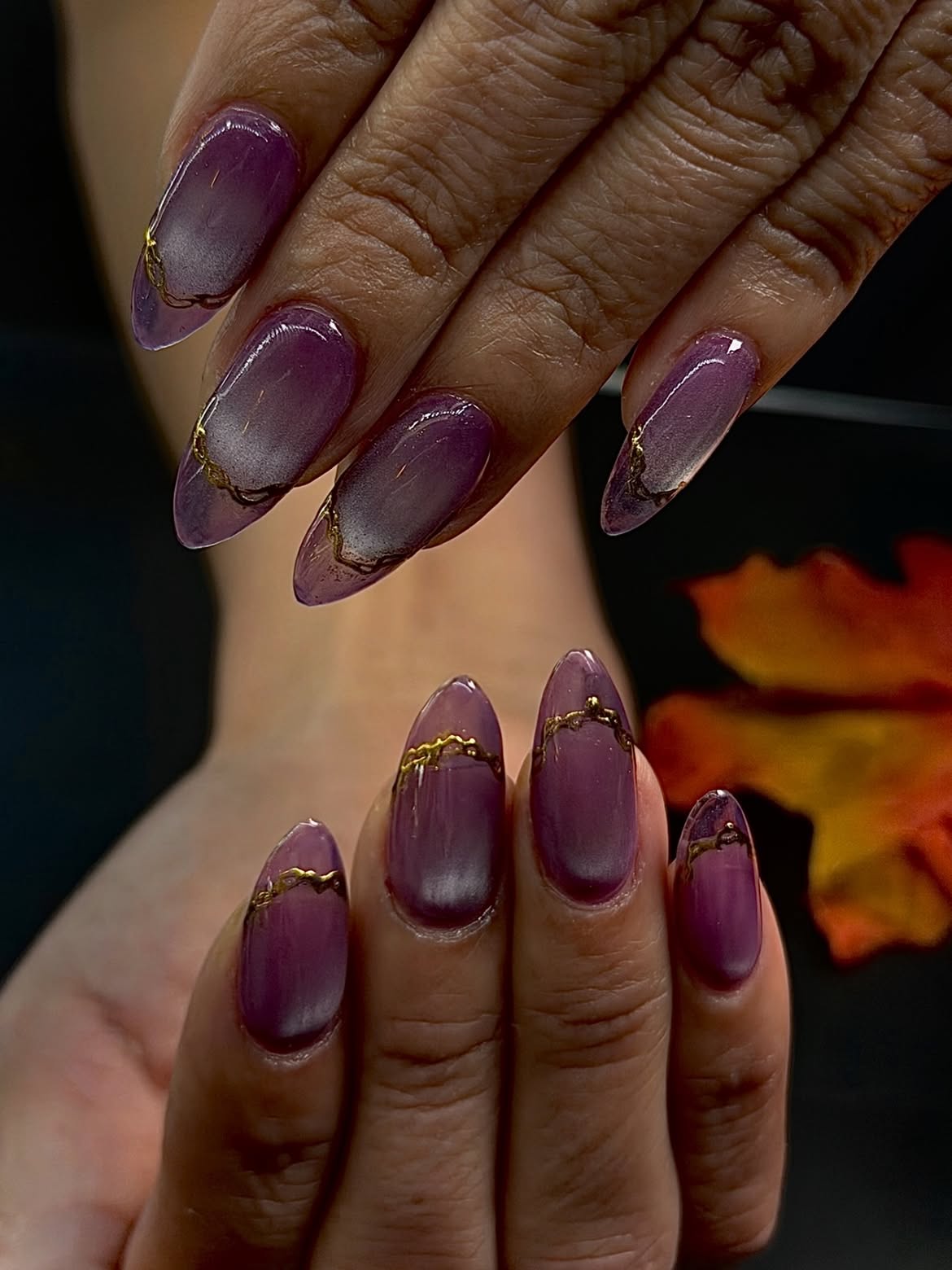 Parchment Purple Ombre Almond Nails with Gold Detail