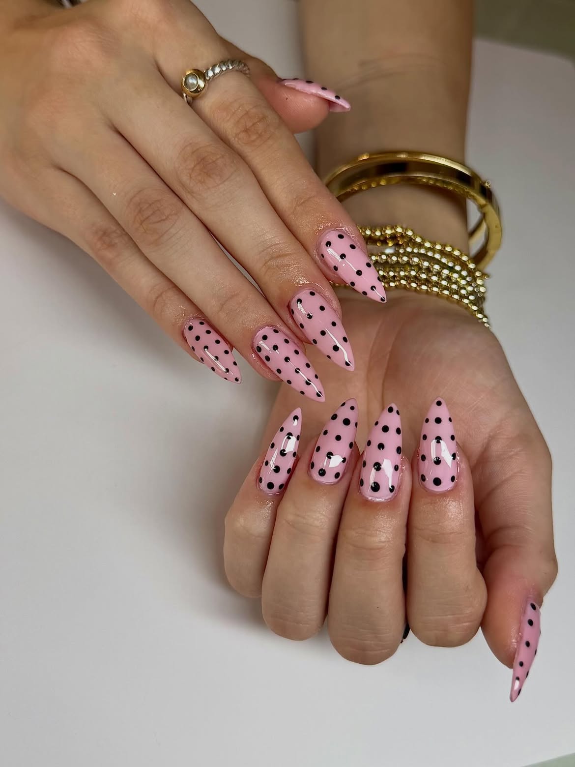 Pastel Pink Black Dot Stiletto Nails