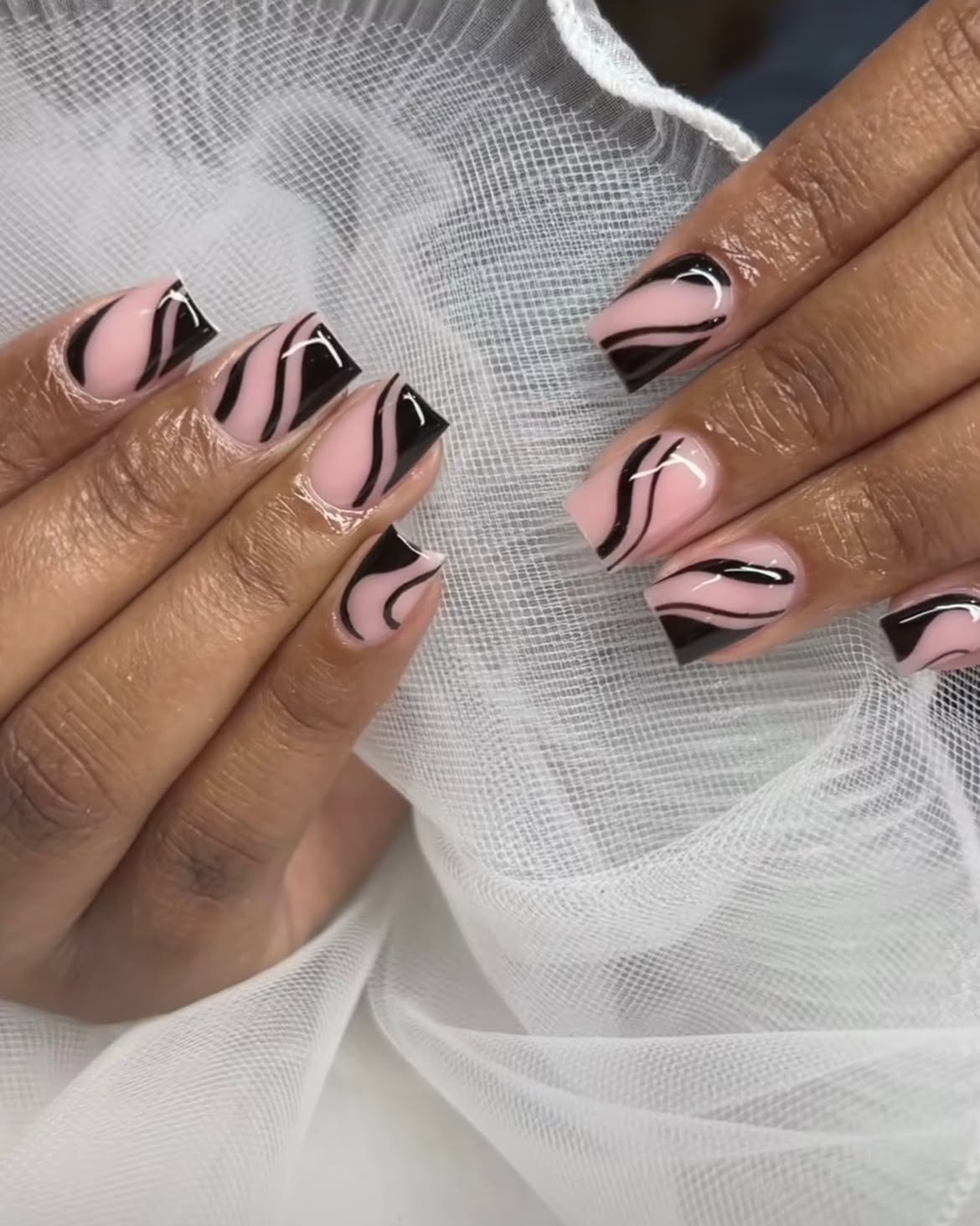 Pastel Pink Swirl French Tip Square Nails