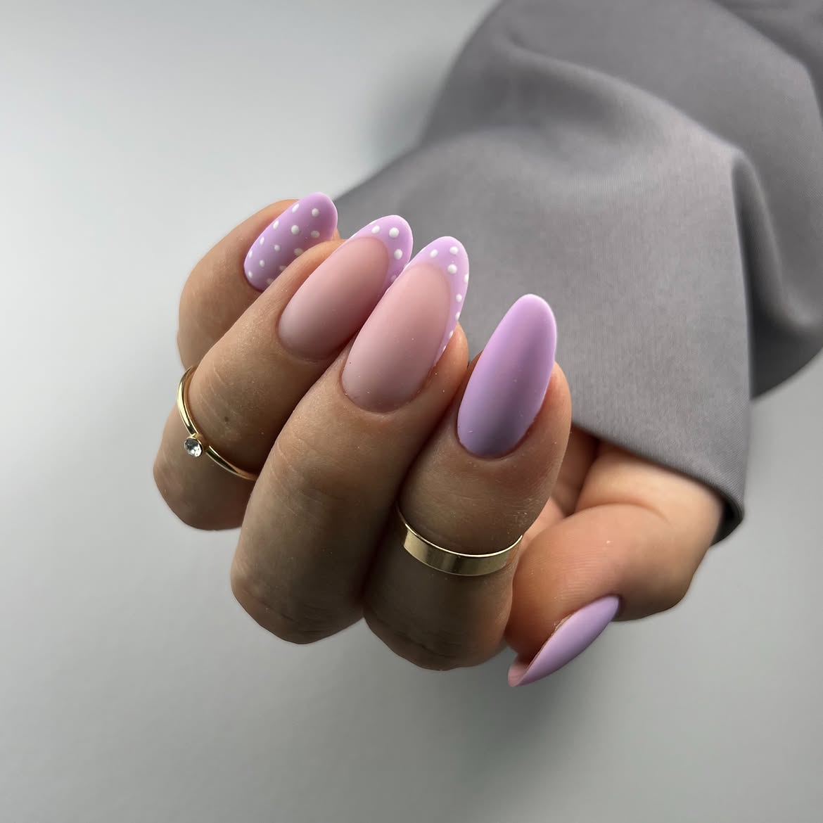 Pastel Purple Polka Dot French Tip Almond Nails