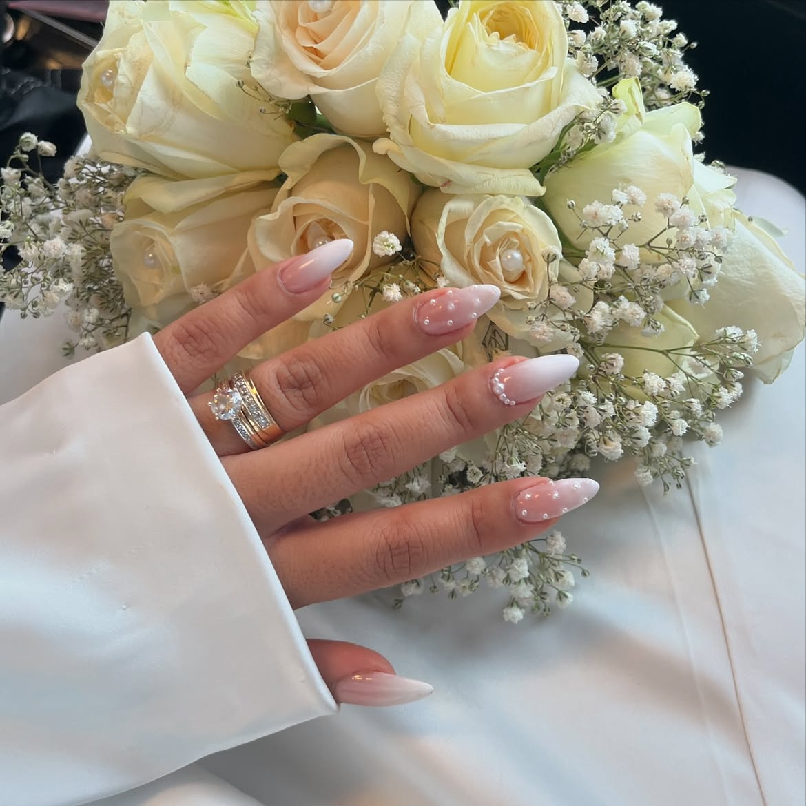 Pearl Dot Ombre Almond Wedding Nails