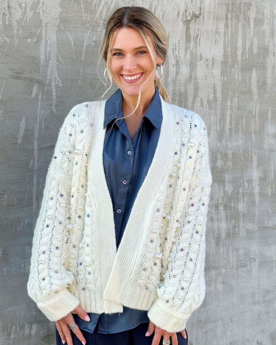 Pearl Embellished Cardigan With Silky Shirt