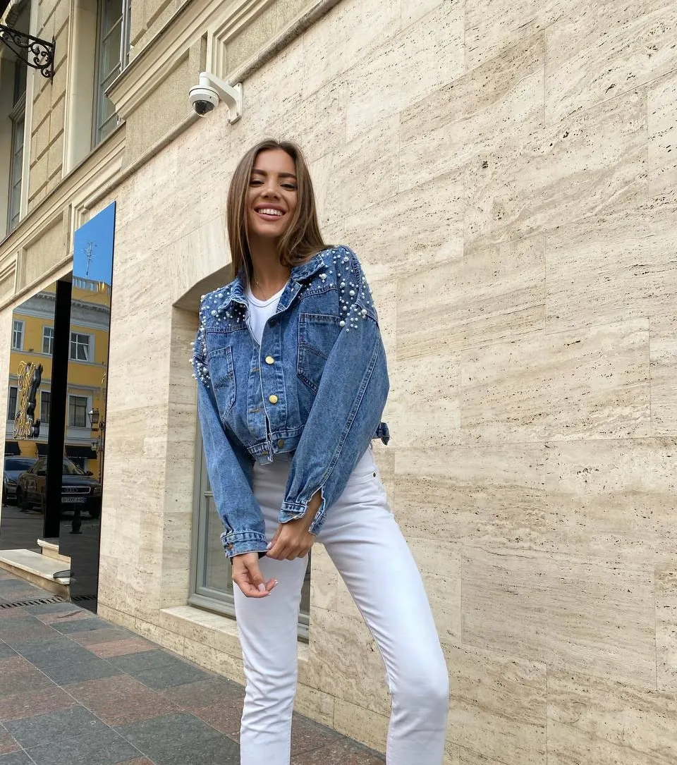 Pearl Embellished Denim Jacket With White Jeans