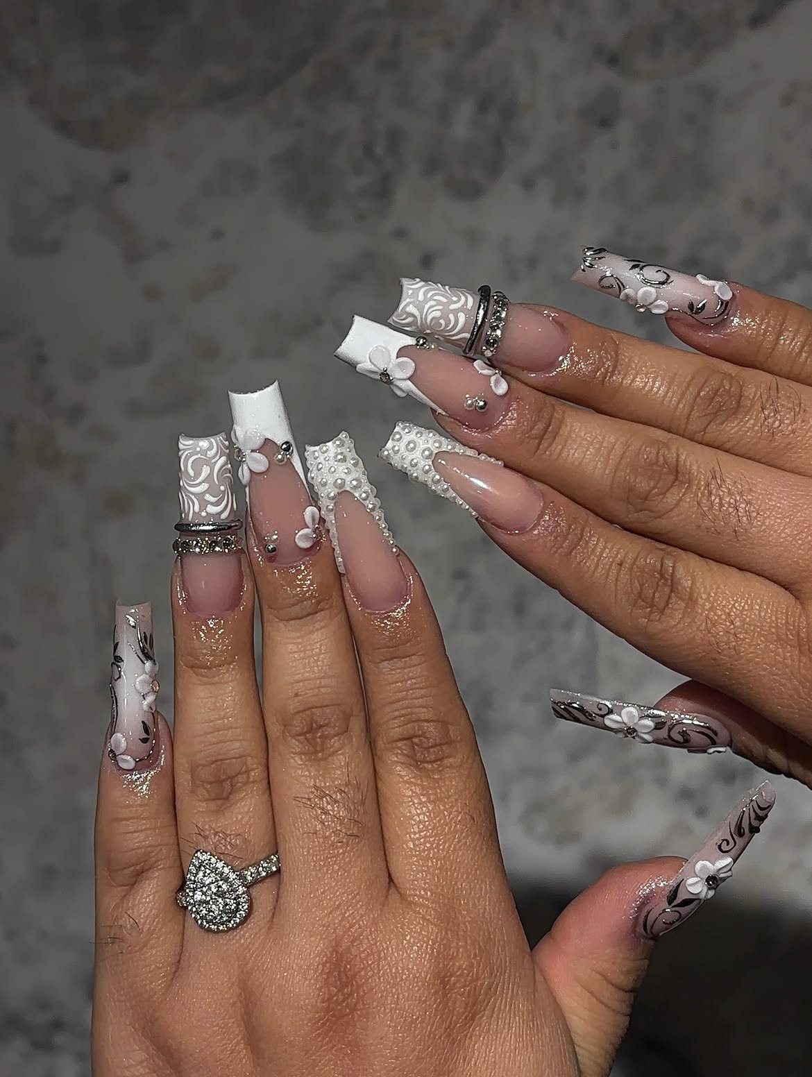 Pearl Embellished French Tip Coffin Nails