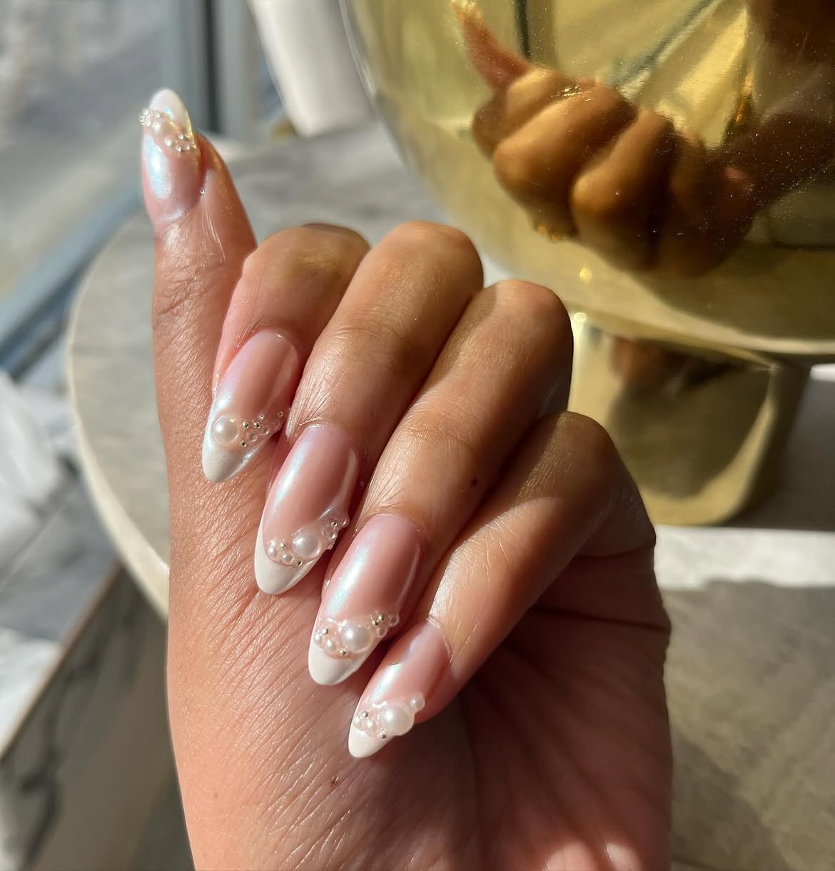 Pearl Embellished Milky Chrome Almond French Nails