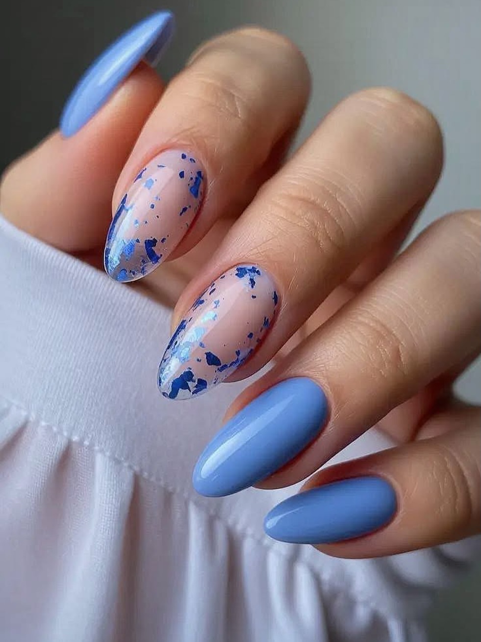 Periwinkle Blue Foil Accent Almond Nails