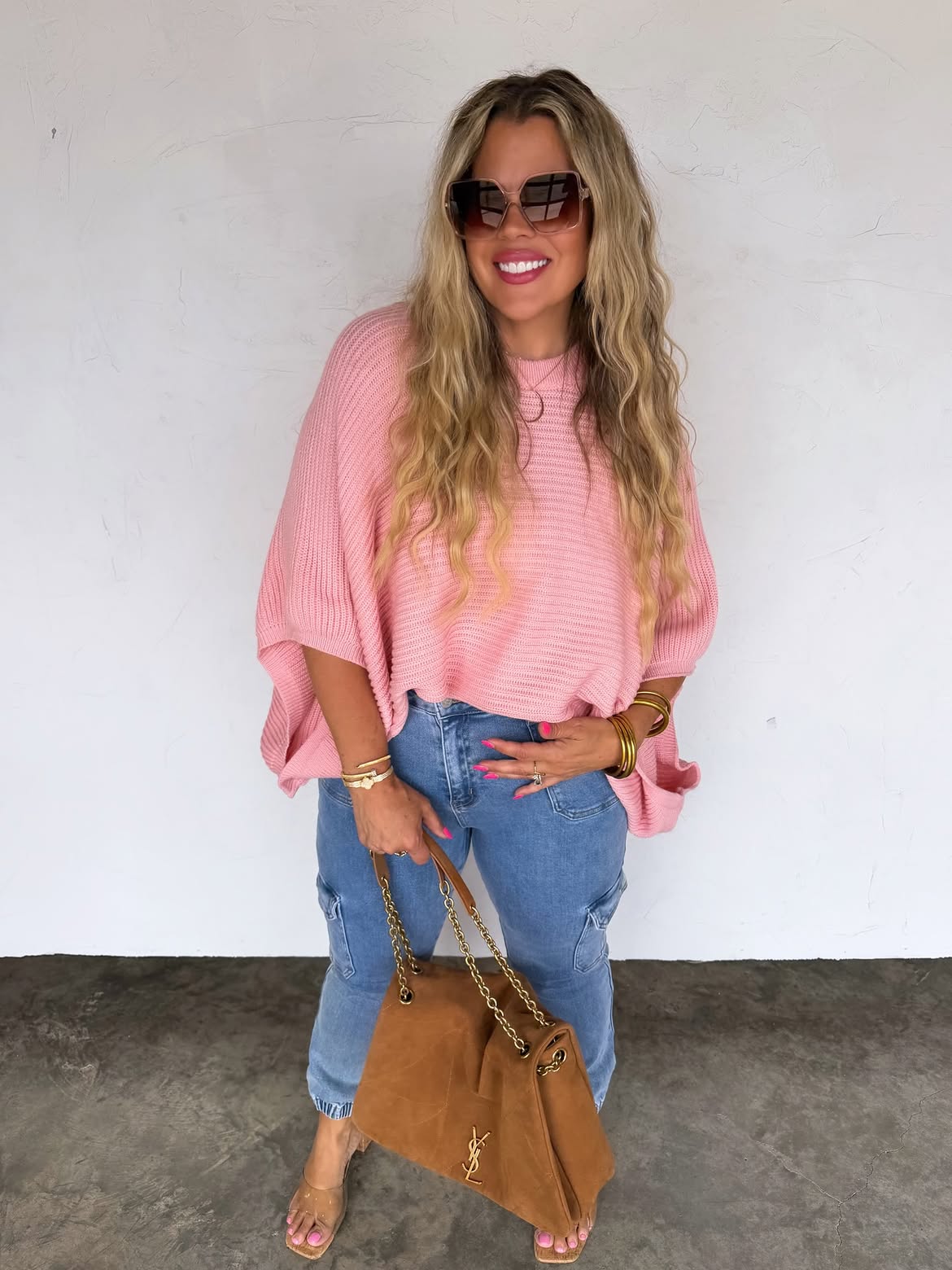 Pink Batwing Knit With Blue Cargo Jeans Street Style