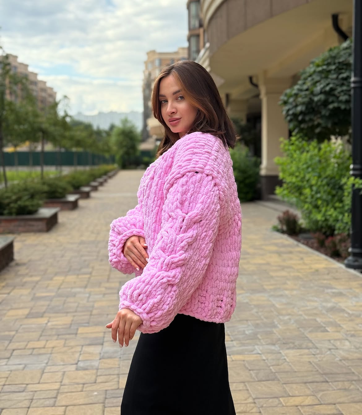 Pink Chunky Knit Cardigan With Black Midi Skirt
