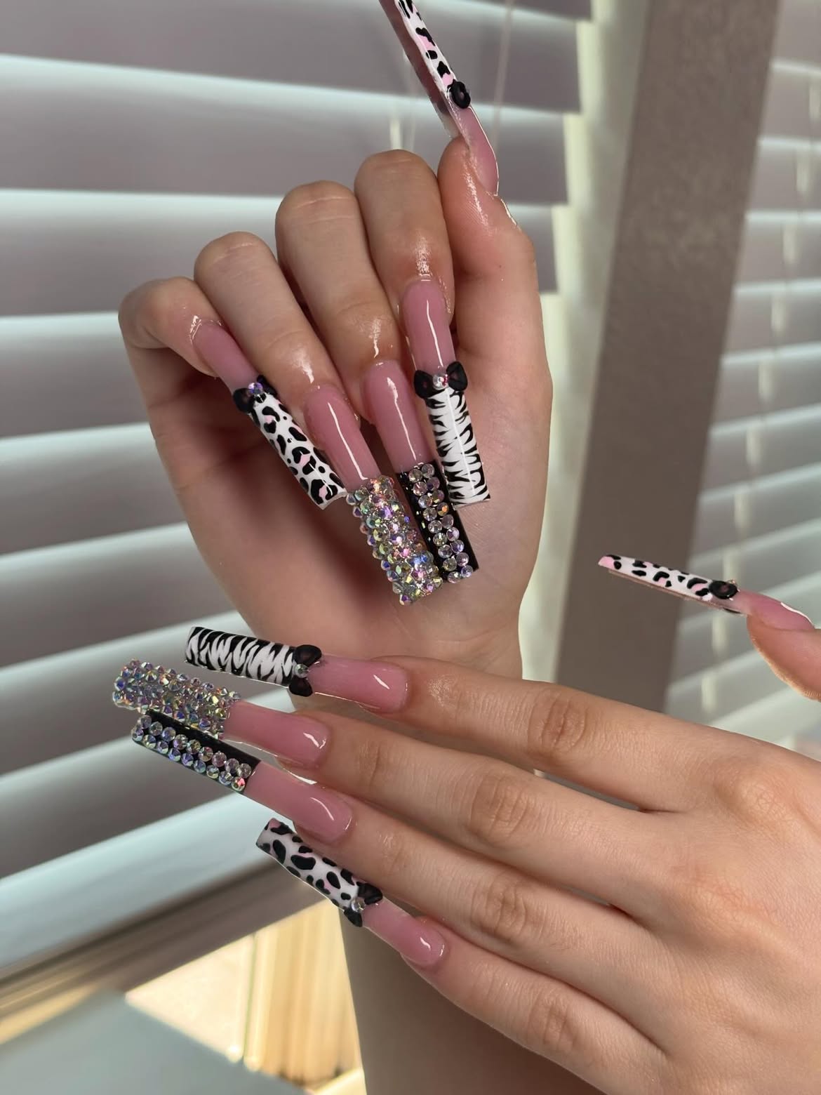 Pink French Cow Print Rhinestone Bow Nails