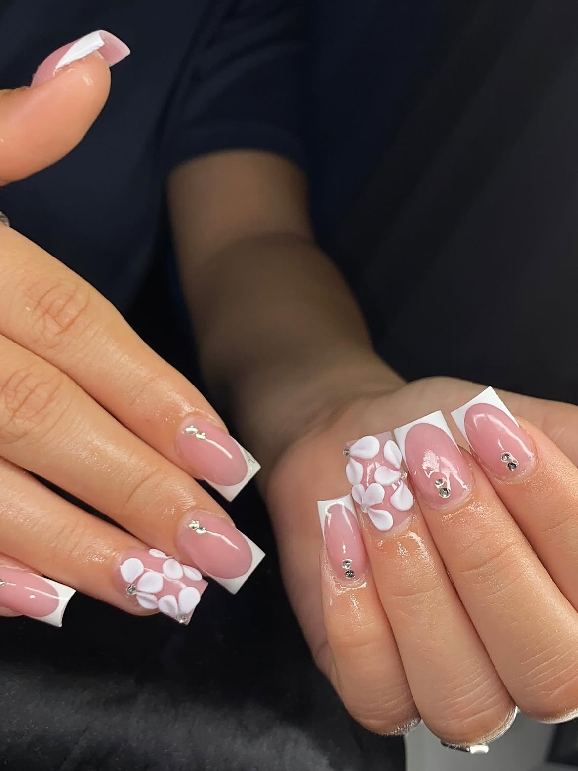 Pink French Tip Nails with 3D Flowers and Gems