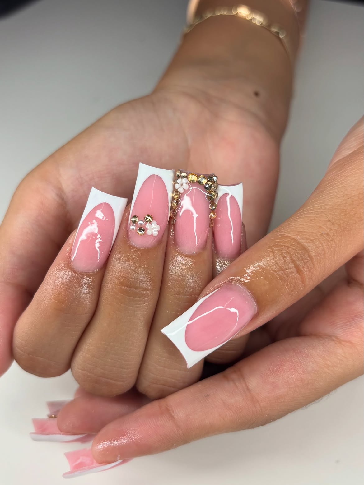 Pink French Tips With Rhinestone Bow Accent