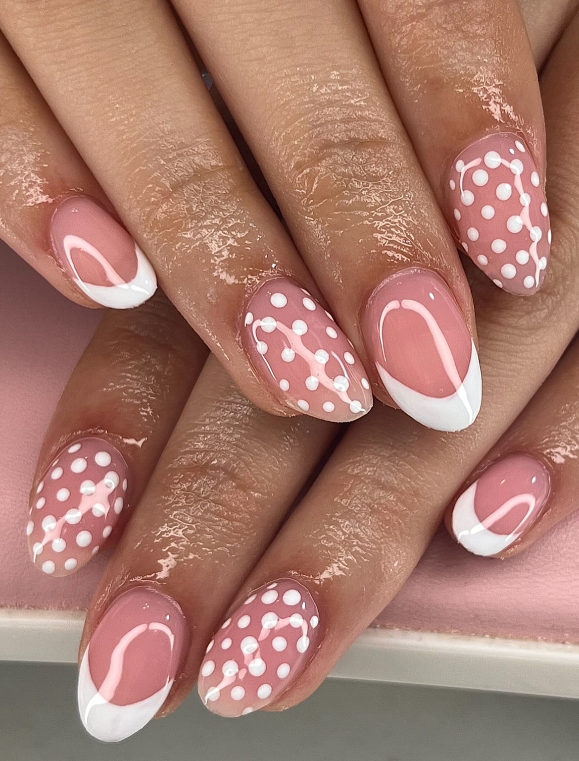 Pink French Tips With White Polka Dots
