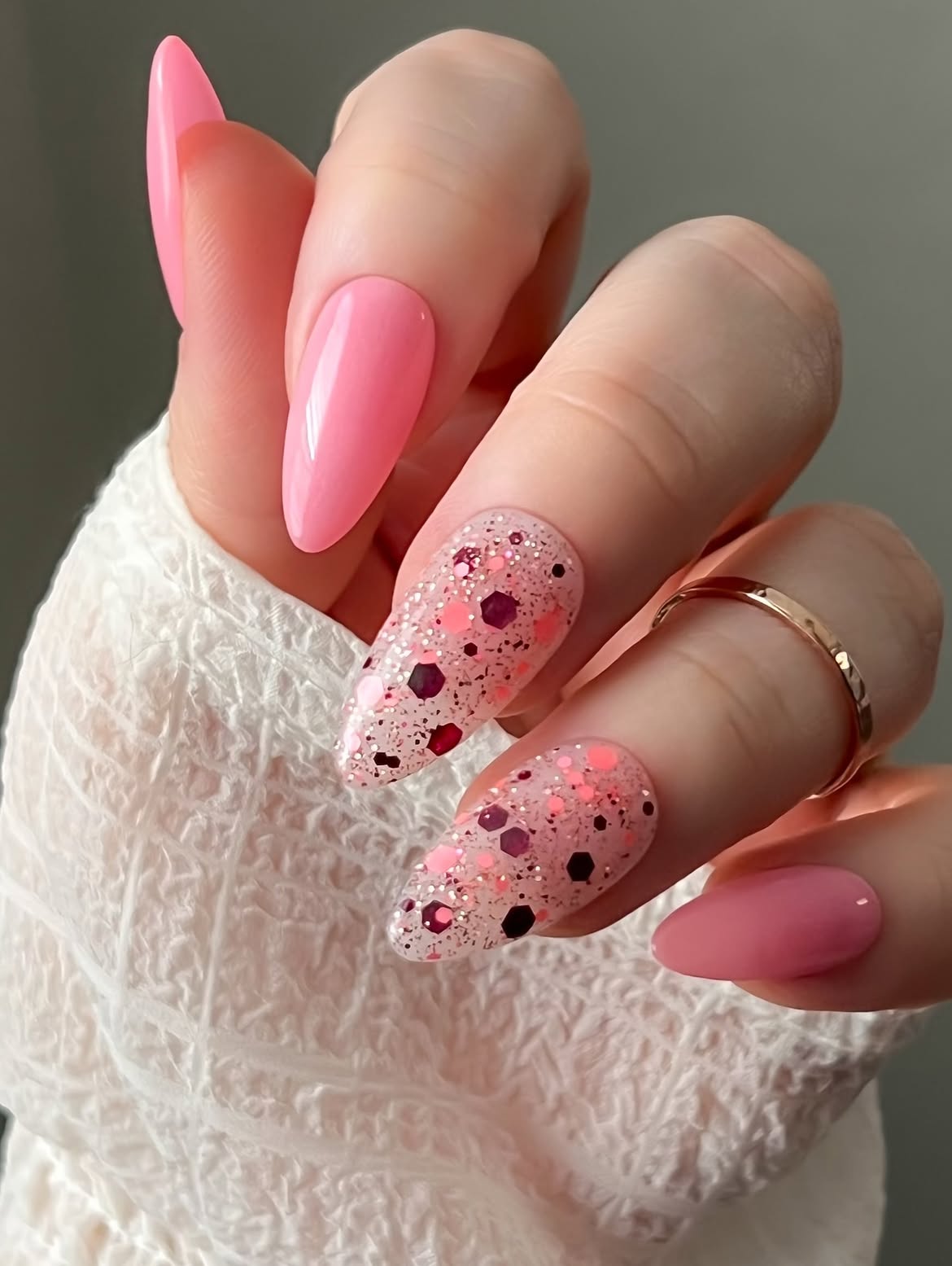 Pink Glitter and Solid Glossy Almond Nails