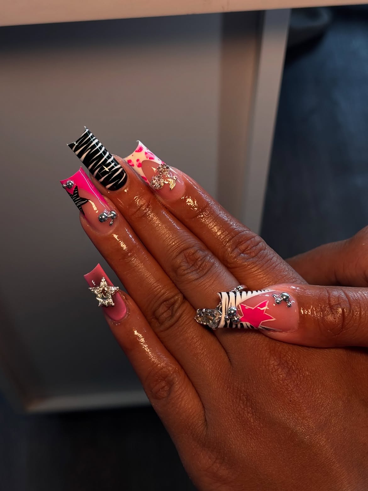 Pink Leopard Zebra Star Accented Long Coffin Nails
