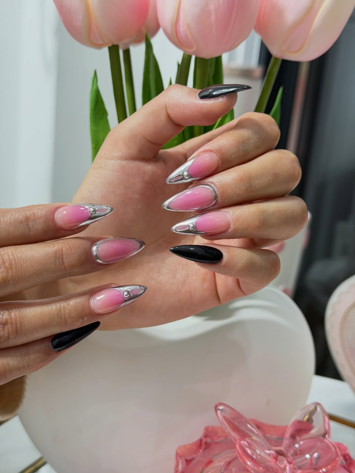 Pink Ombre Stiletto Nails with Silver Chrome Edge