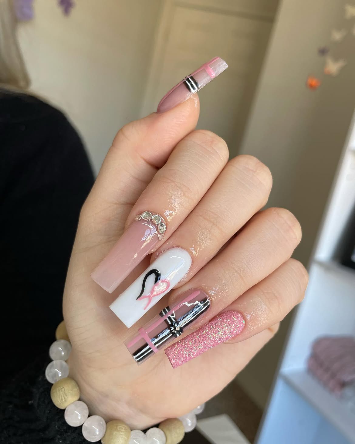 Pink Plaid & Glitter Coffin Nails with Rhinestone Accent