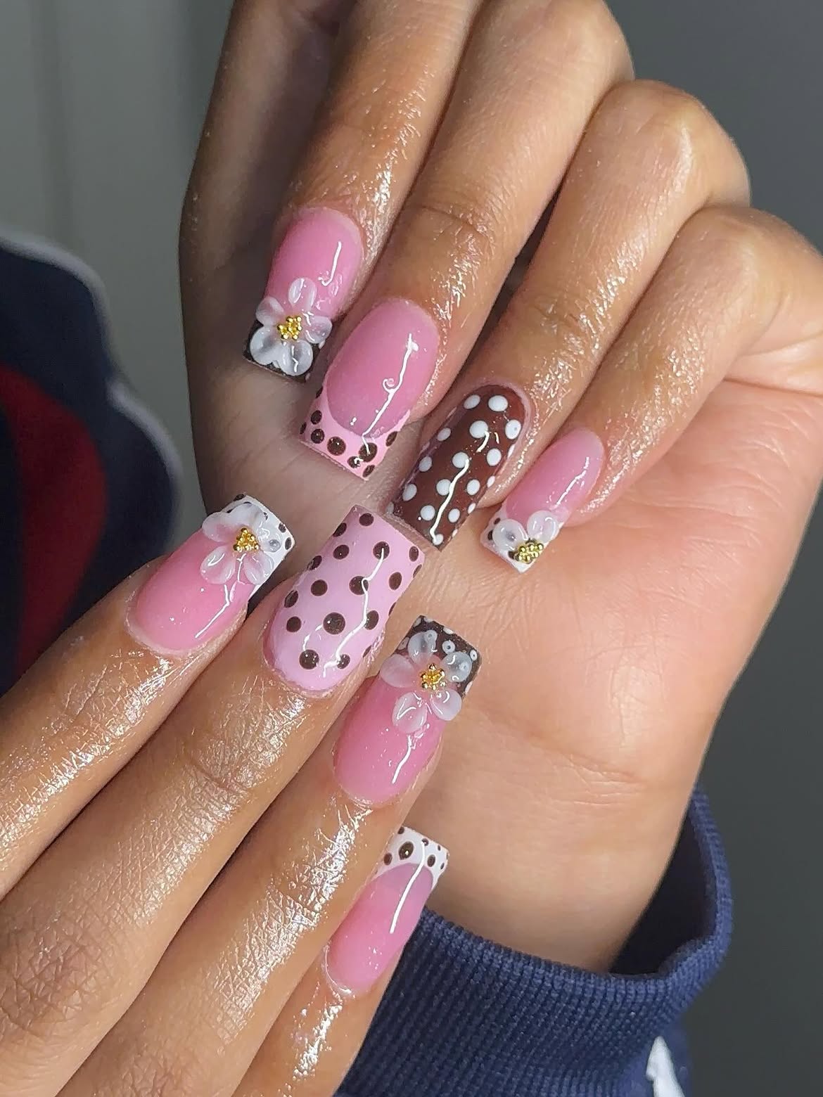 Pink Polka Dot French Tips with 3D Flowers