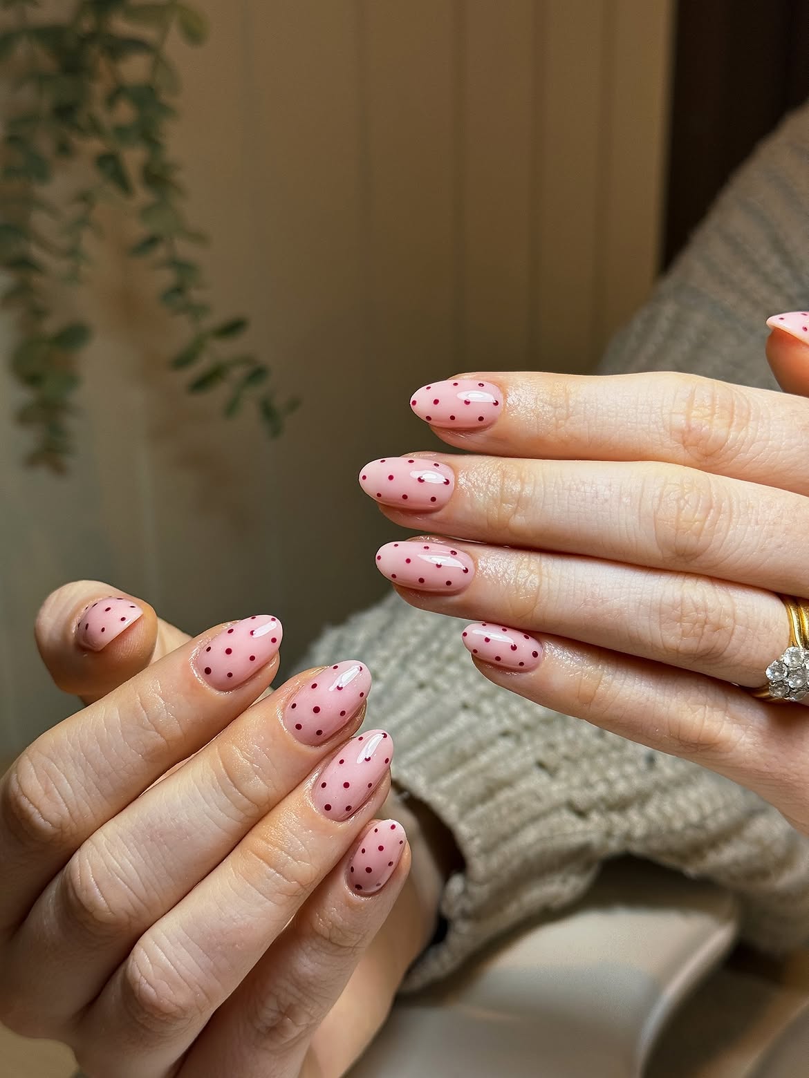 Pink Strawberry Polka Dot Almond Nails