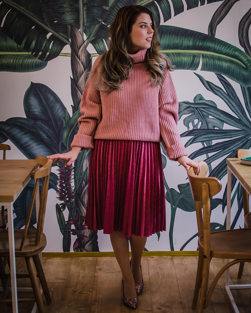 Pink Turtleneck And Metallic Pleated Skirt Combo