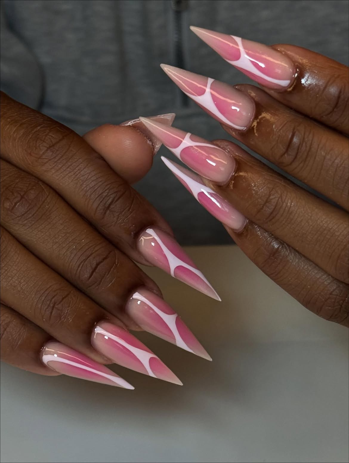 Pink & White Swirl Stiletto Nails