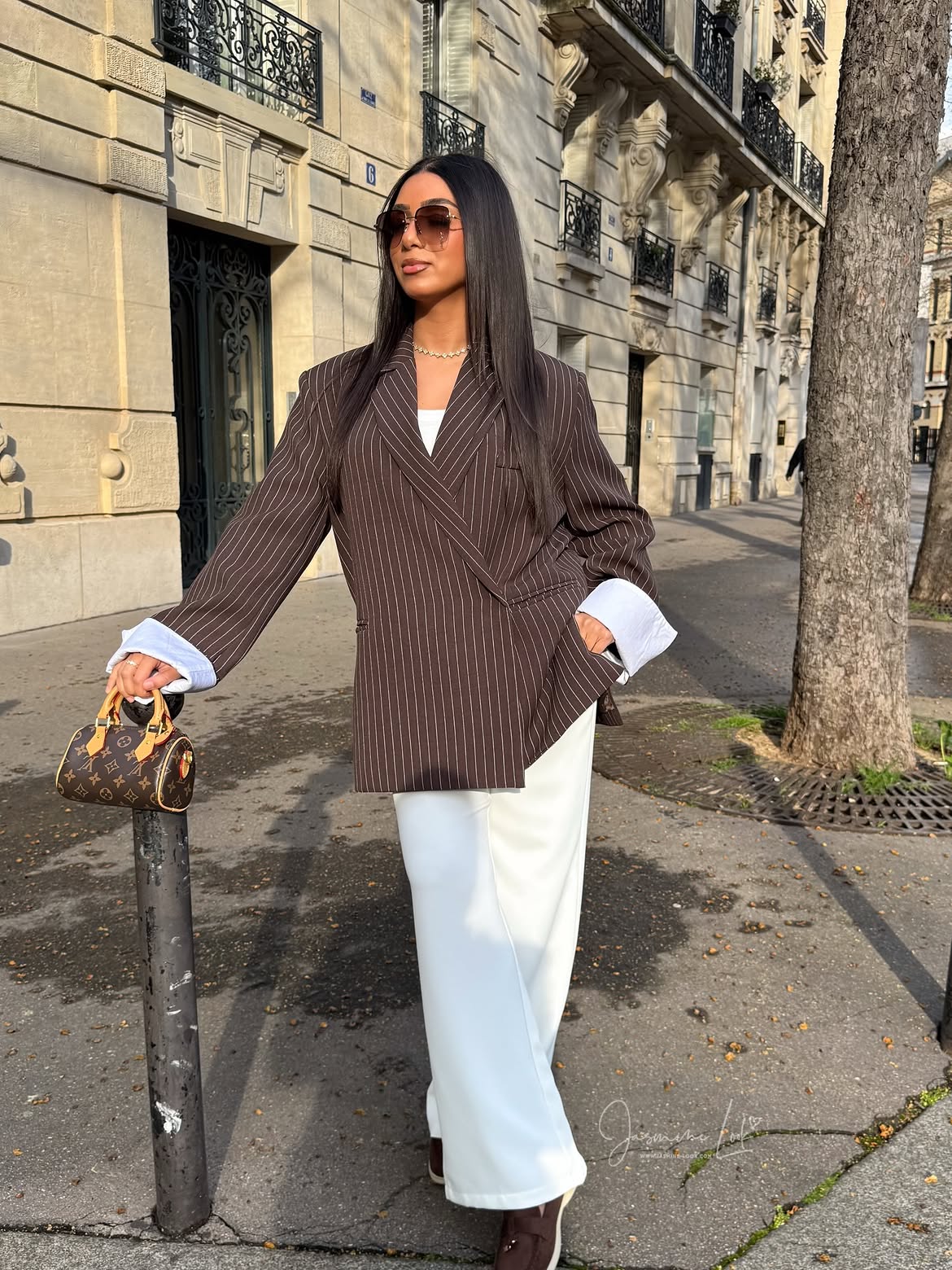 Pinstripe Blazer With Wide Leg Pants Street Style