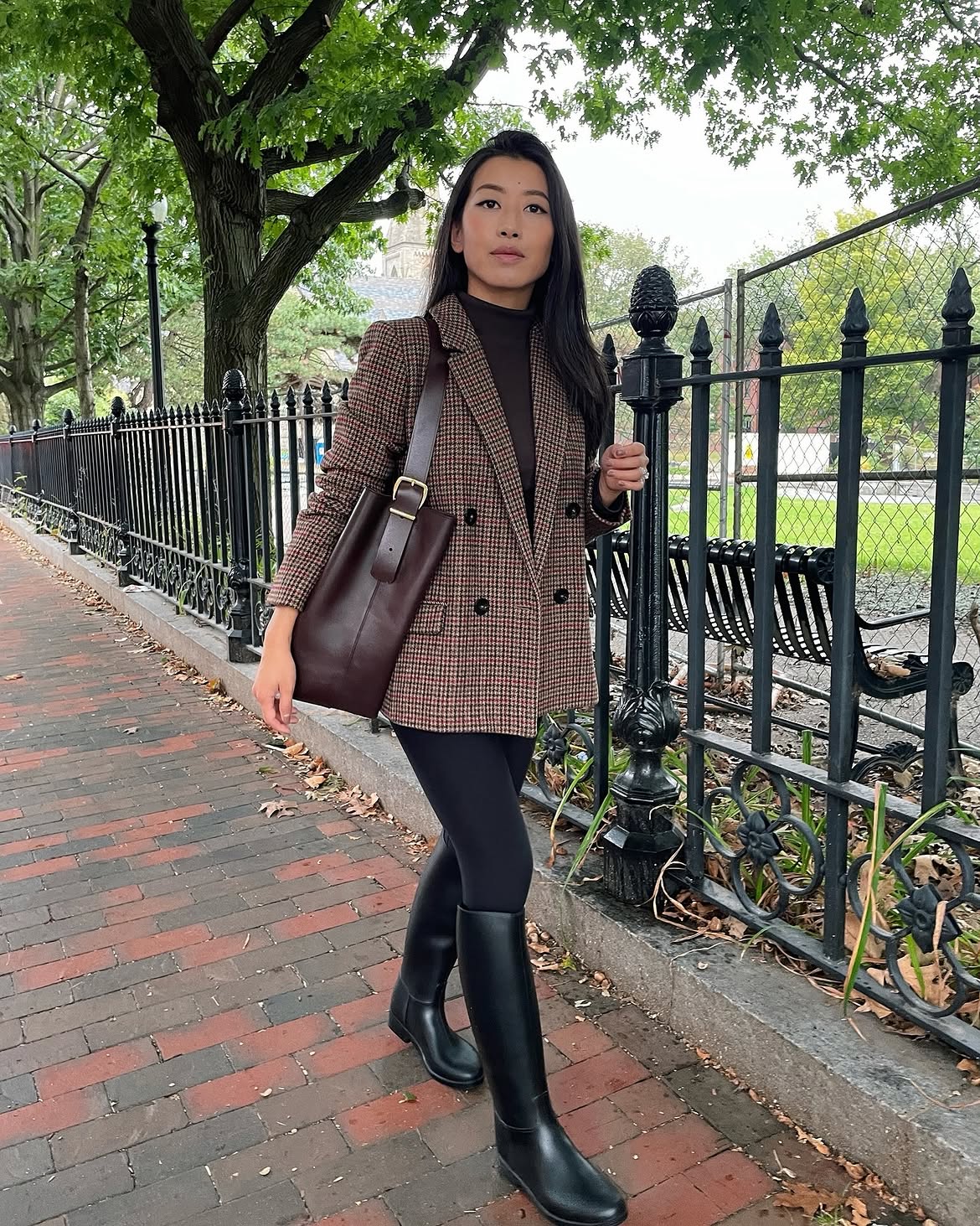 Plaid Blazer And Black Leggings Equestrian Boots