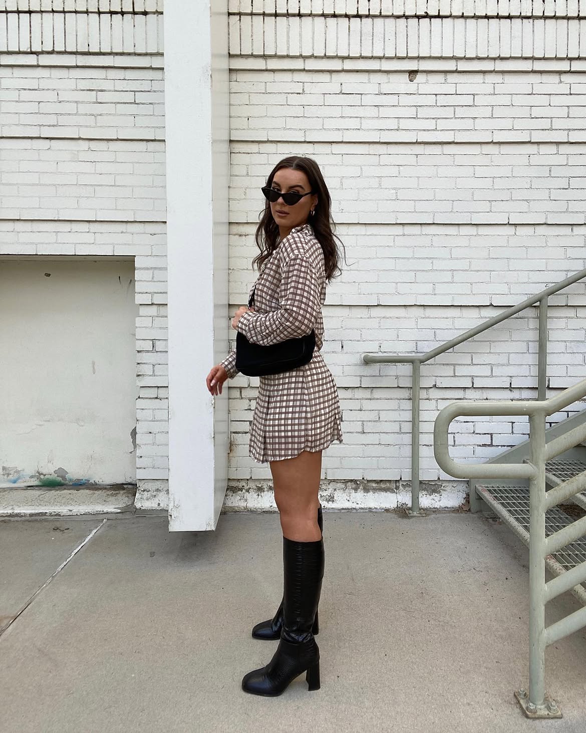 Plaid Blazer Skirt Set With Tall Boots