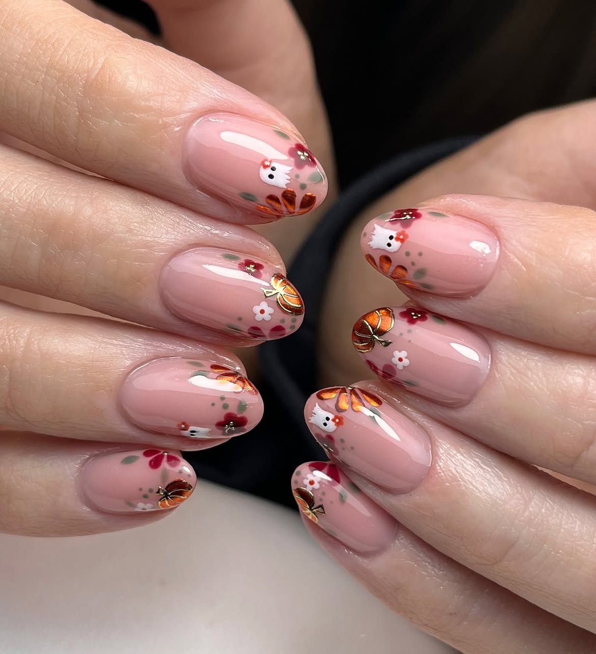Playful Ghost Floral Oval Nails