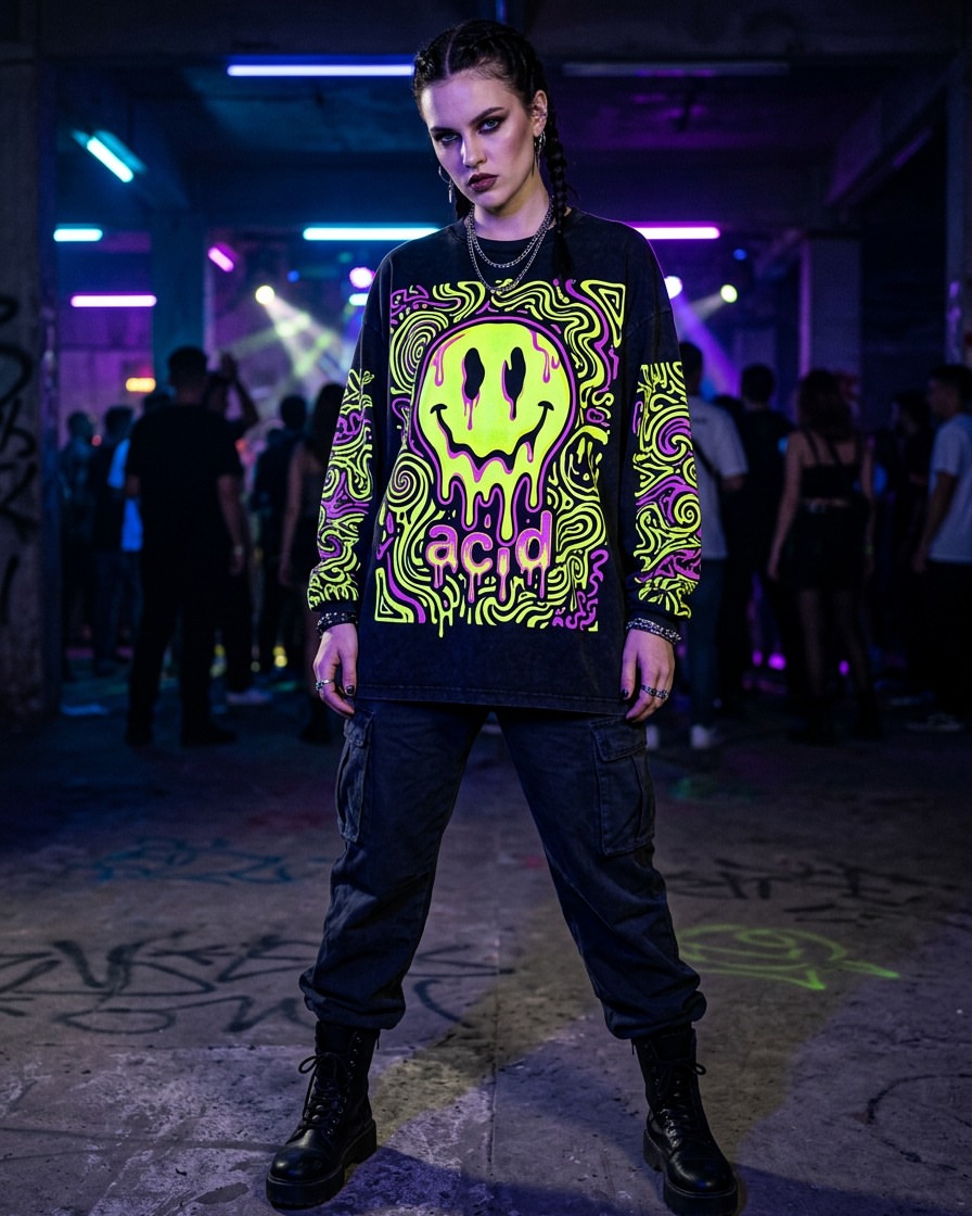 Psychedelic Acid Smiley Long Sleeve Festival Outfit