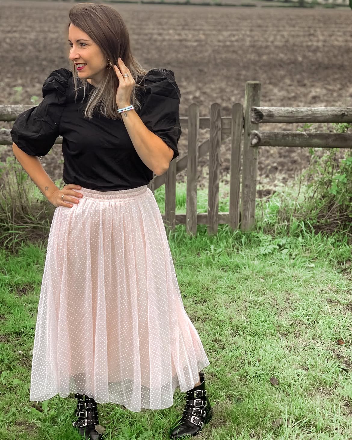 Puff-Sleeve Top With Tulle Dot Midi Skirt